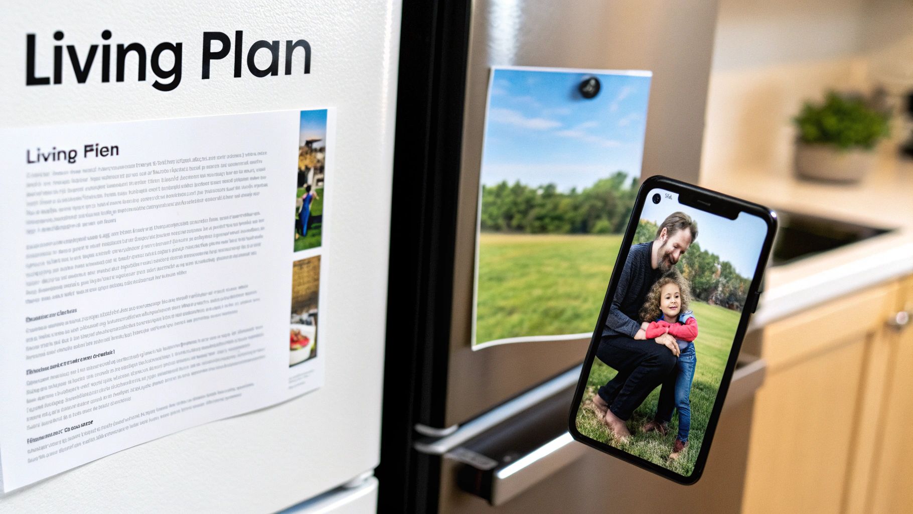 A smartphone floating in front of a refrigerator displays a happy father and daughter outdoors, with a 'Living Plan' document nearby.