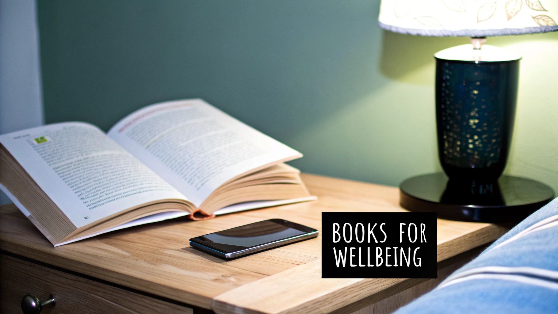 An open book and a smartphone on a wooden nightstand next to a lit lamp and a bed.