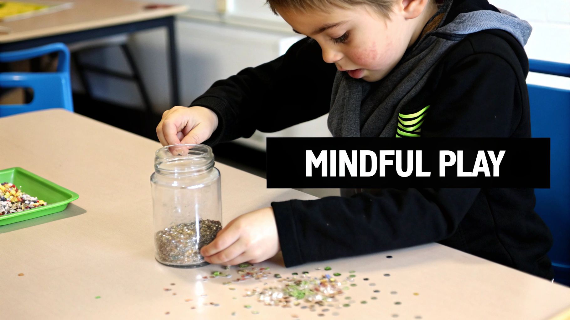 A young boy engaged in mindful play, carefully handling a jar of glitter on a table.