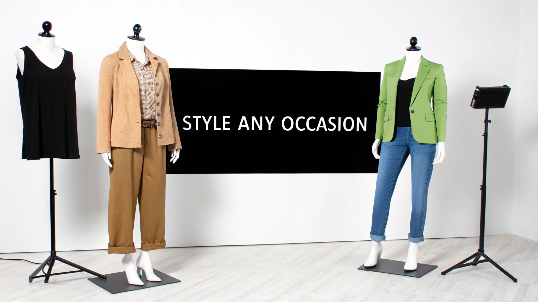 Three mannequins display various women's fashion outfits, including a black top, a tan suit, and a green blazer with jeans.