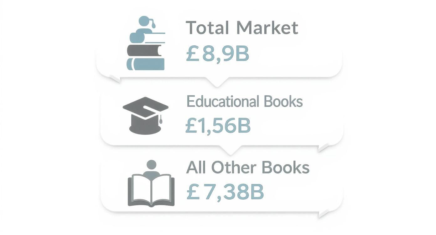 Infographic detailing the book market: Total Market £8.9B, Educational Books £1.56B, All Other Books £7.38B.