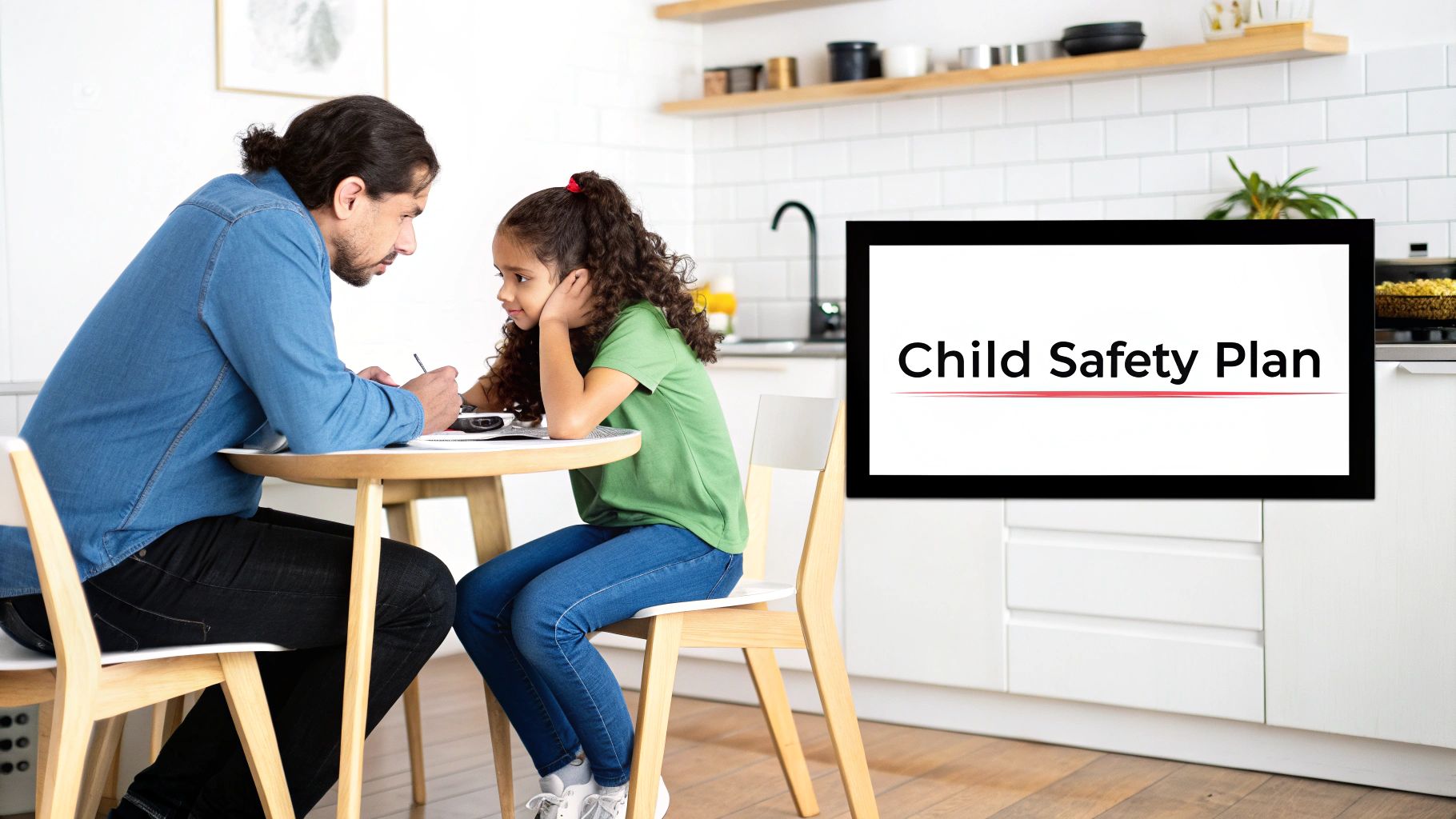 A father and daughter sit at a table, with a "Child Safety Plan" sign beside them.