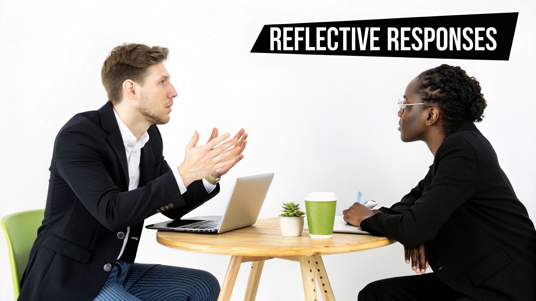 Two professionals, a man and a woman, engaging in a reflective conversation at a wooden table.