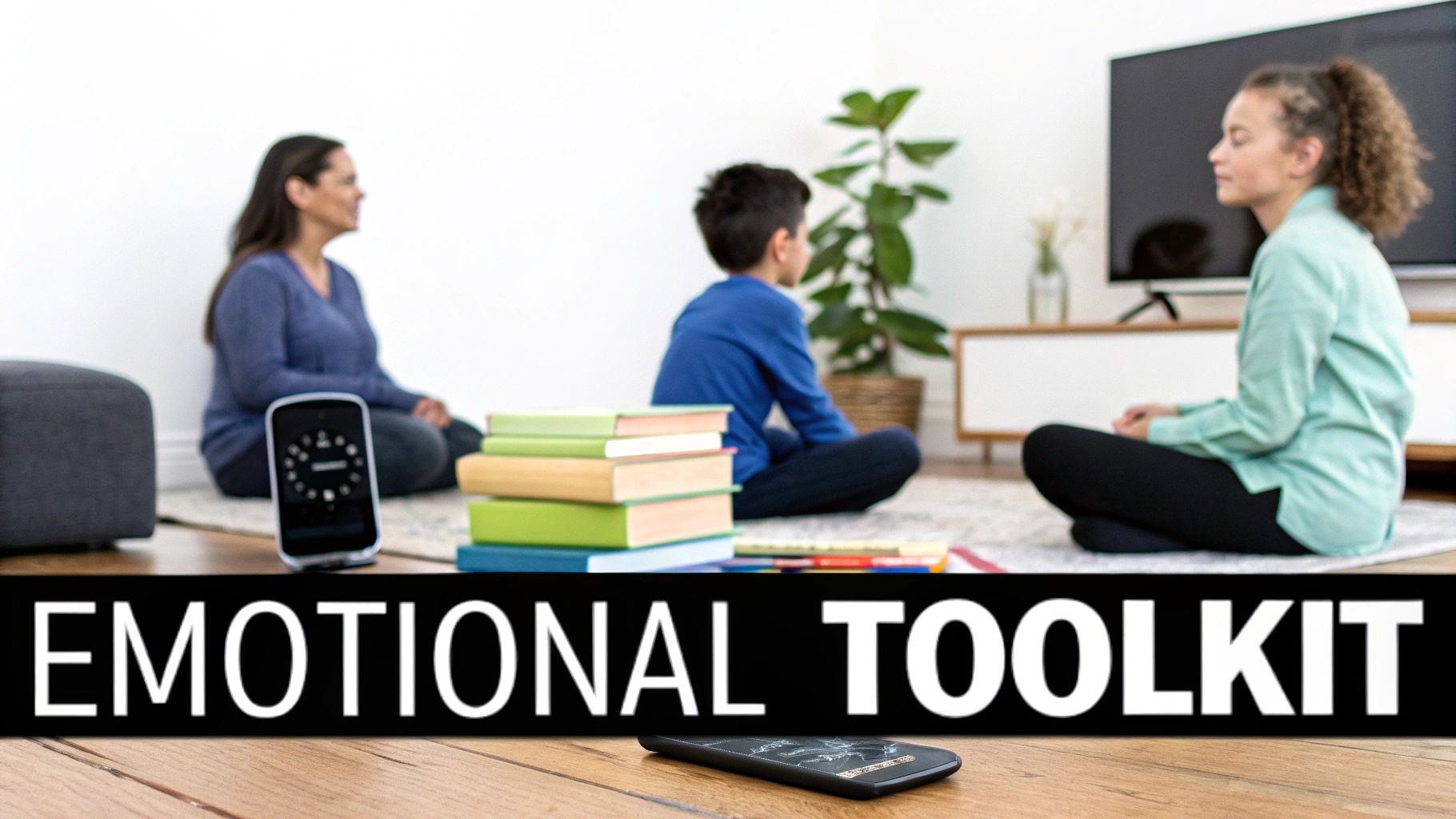 Family sits on the floor meditating, surrounded by books and phones, with 'Emotional Toolkit' text.