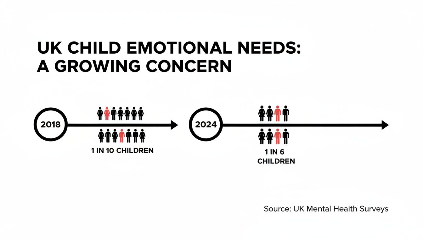 Infographic showing a timeline of increasing UK child emotional needs, from 1 in 10 in 2018 to 1 in 6 in 2024.