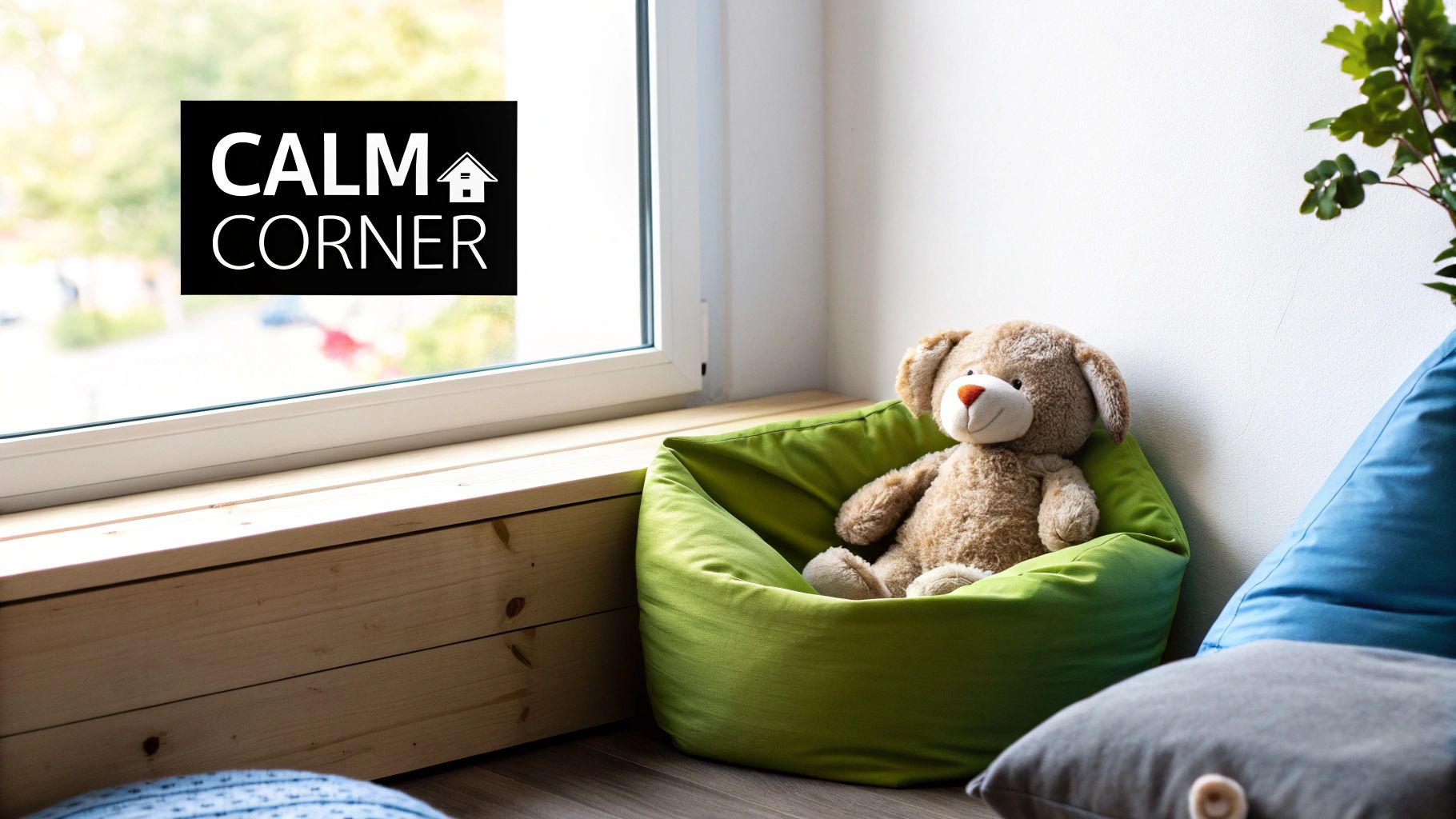 A calm and cosy corner of a room with soft cushions and books, representing a 'Calm-Down Corner'.