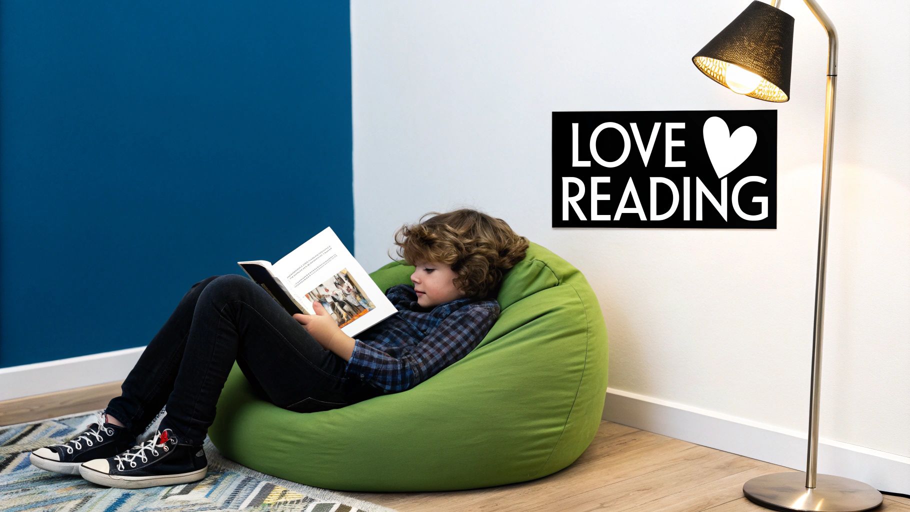 A child and parent reading together in a cosy, well-lit nook at home.