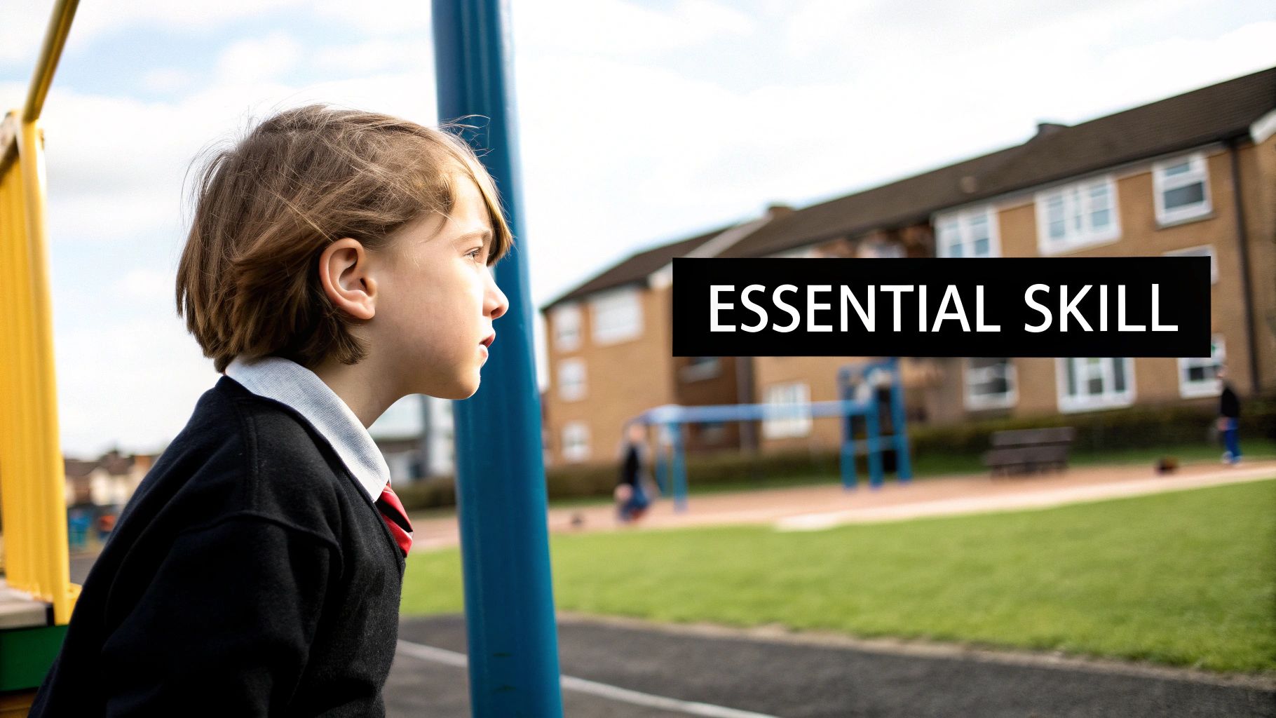 A young schoolboy in uniform gazes thoughtfully at a playground with buildings in the background.