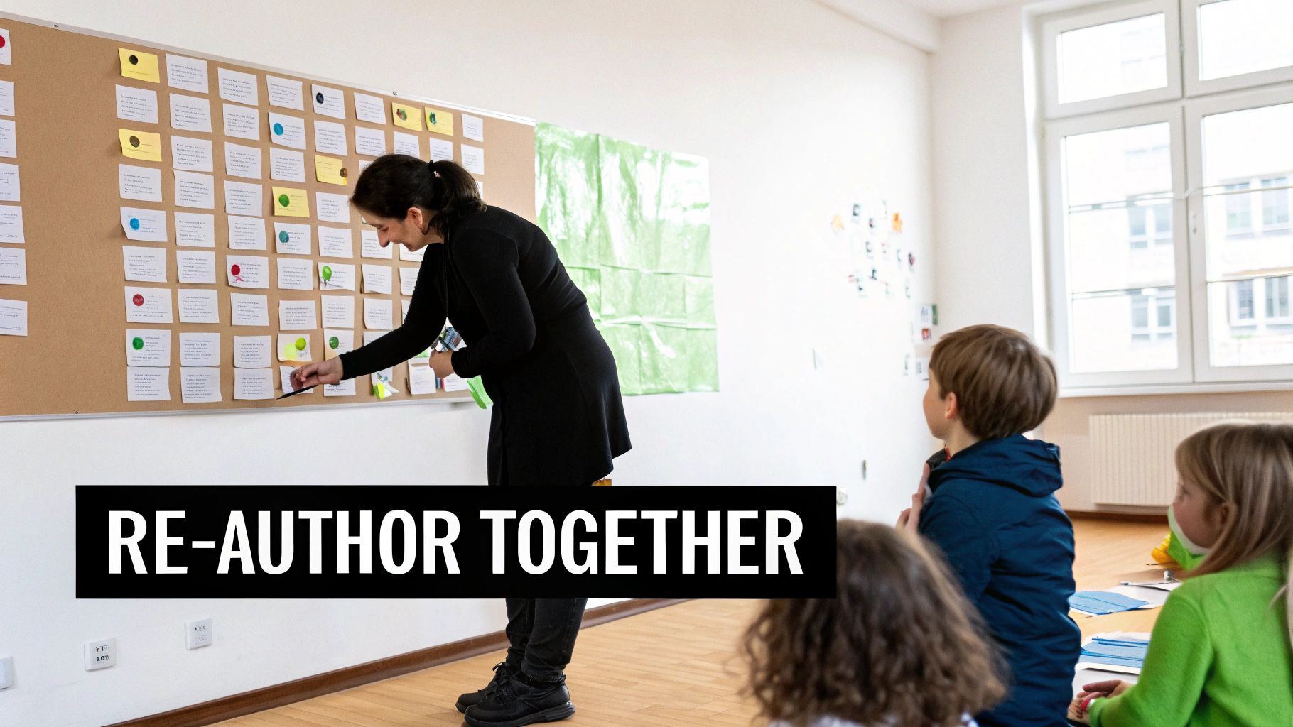 A woman helps children arrange notes on a cork board during a collaborative learning activity.