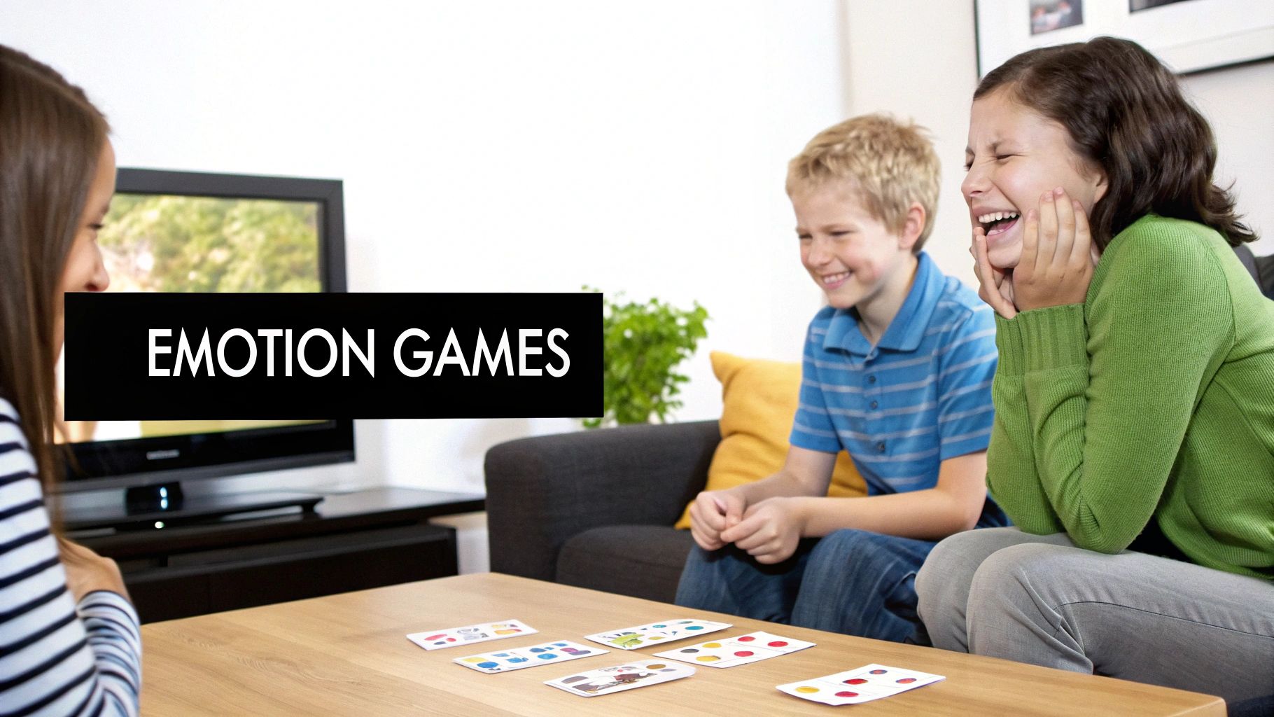Happy children playing an emotion card game in a bright living room, laughing and smiling.