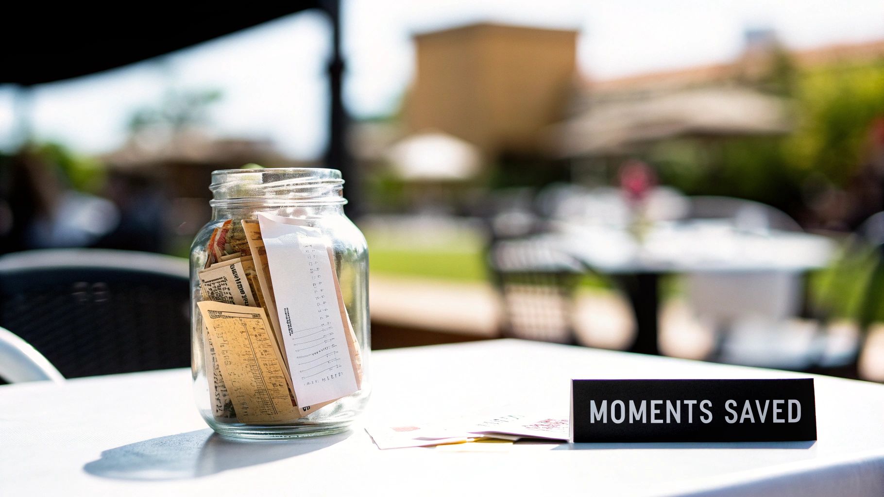 A glass jar filled with crumpled papers and receipts on a white table, next to a 'MOMENTS SAVED' sign.