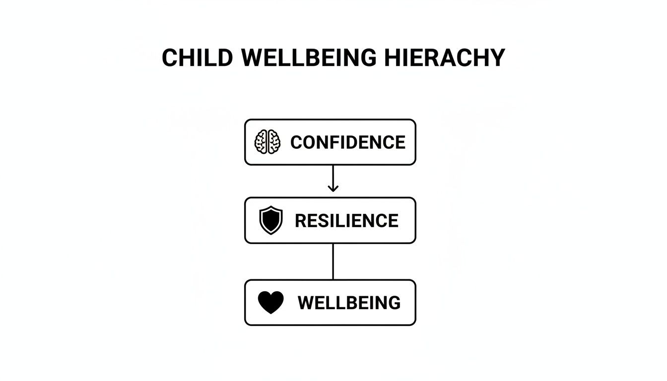 A diagram illustrating the Child Wellbeing Hierarchy: Confidence, represented by a brain, leads to Resilience, depicted by a shield, which in turn leads to overall Wellbeing, shown with a heart icon.
