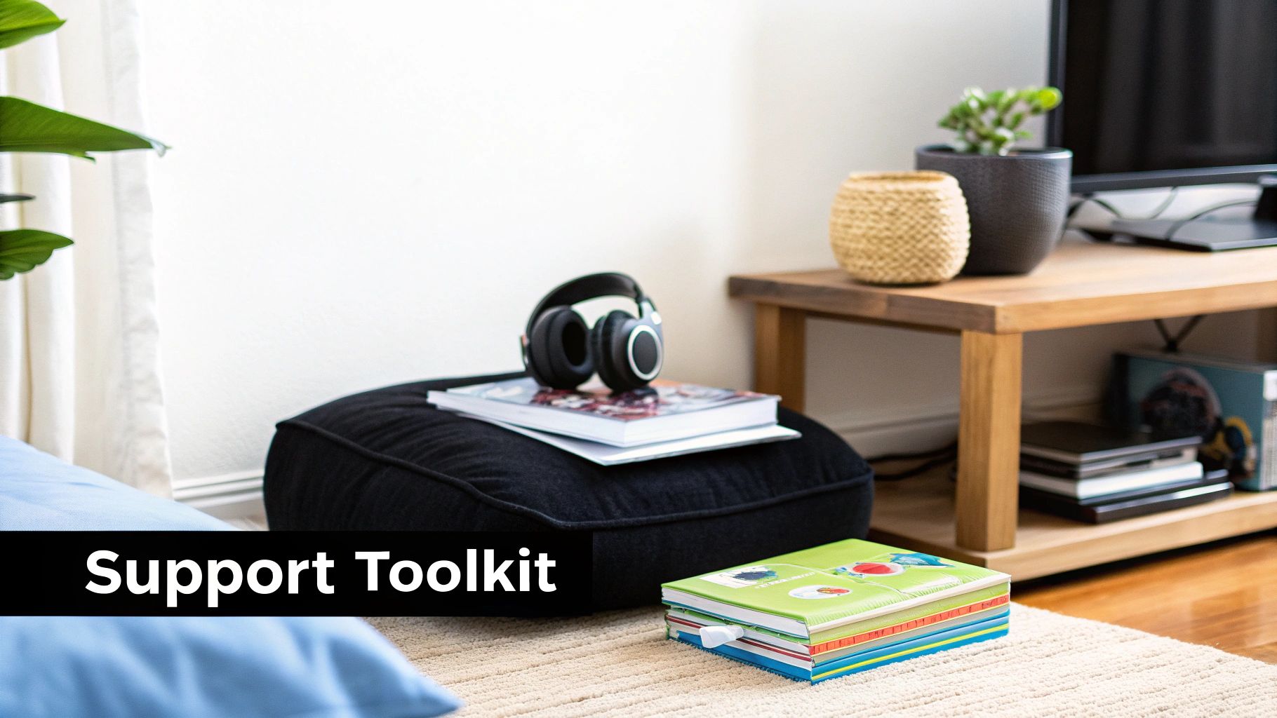Headphones on books, a plant, and colorful notebooks in a cozy room, representing a support toolkit.