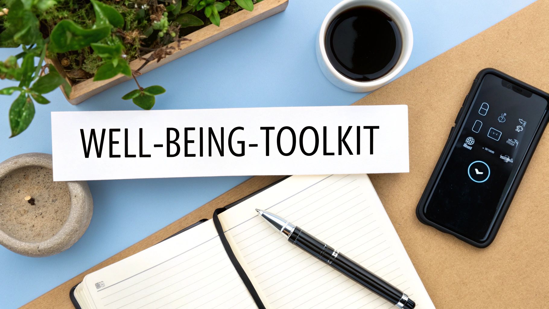 Well-being toolkit flatlay with coffee, smartphone, notebook, pen, and green plant on desk