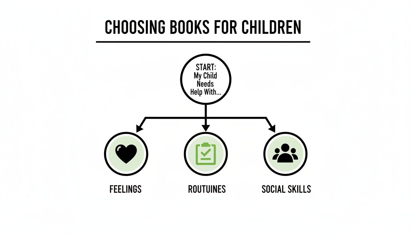A diagram showing how to choose books for children focusing on feelings, routines, or social skills.