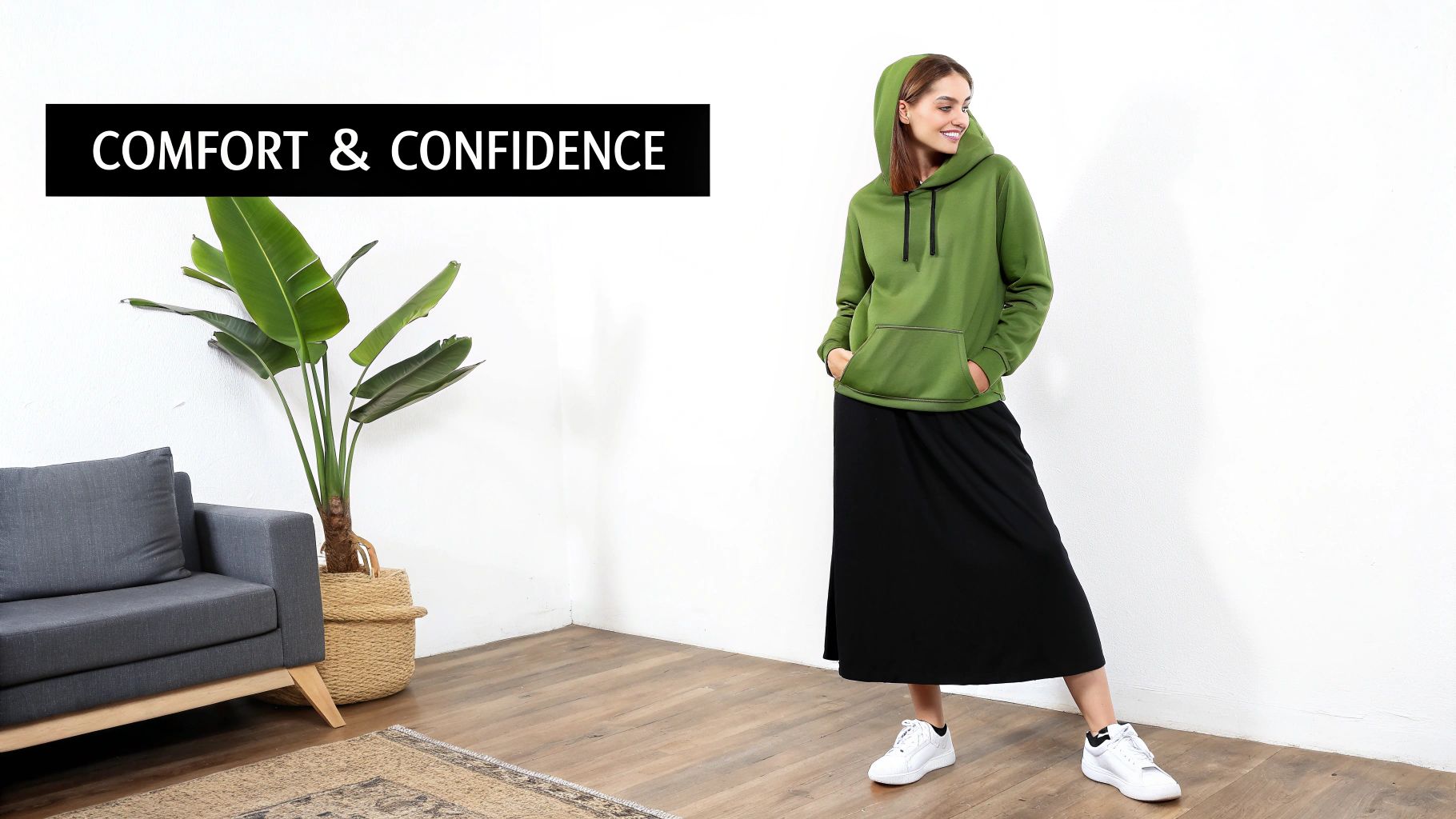 A happy woman in a green hoodie and black skirt standing indoors, promoting comfort and confidence.