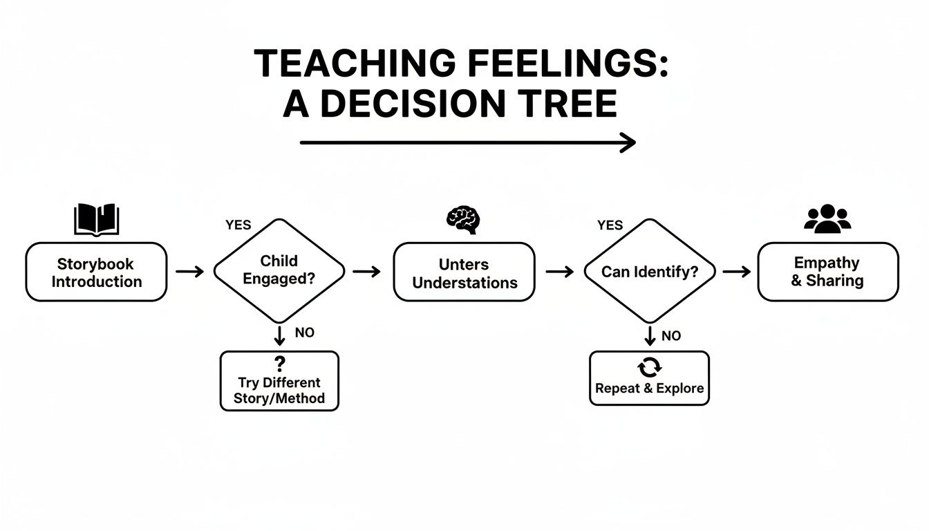 A flowchart decision tree titled 'Teaching Feelings' outlining steps from storybook introduction to empathy and sharing.