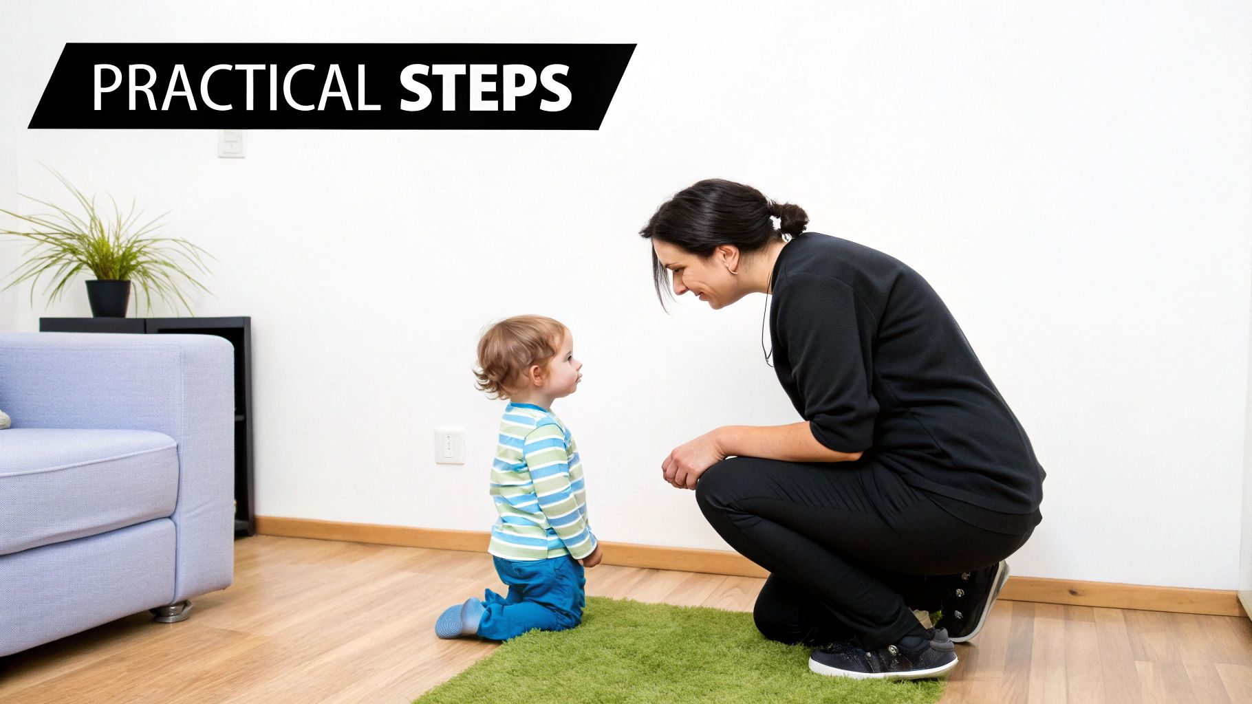 A caring woman kneels to engage with a young child, fostering connection and communication.