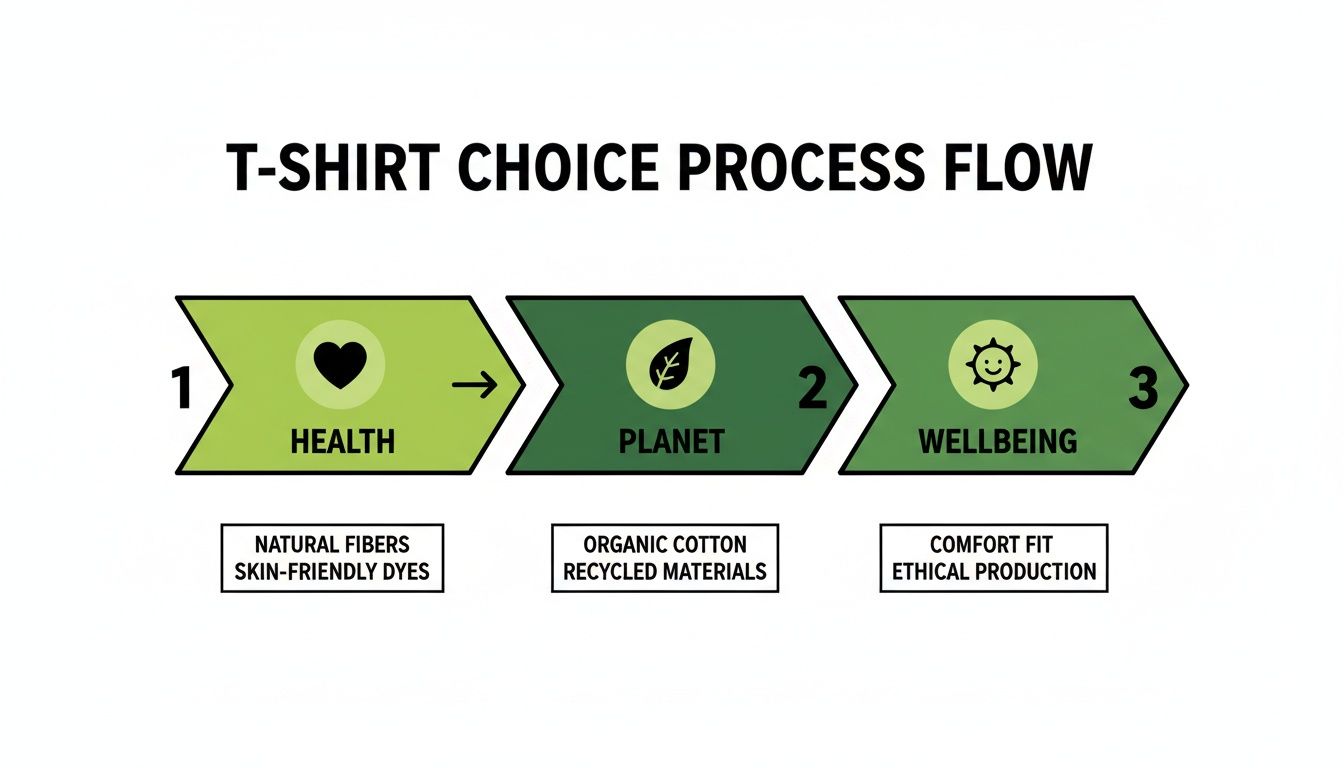 Flowchart outlines T-shirt choice process: Health, Planet, Wellbeing, detailing sustainable and ethical considerations.