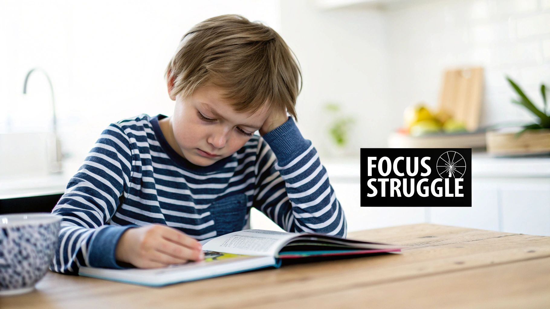 A young boy in a striped shirt struggling to read a book, looking tired and frustrated.