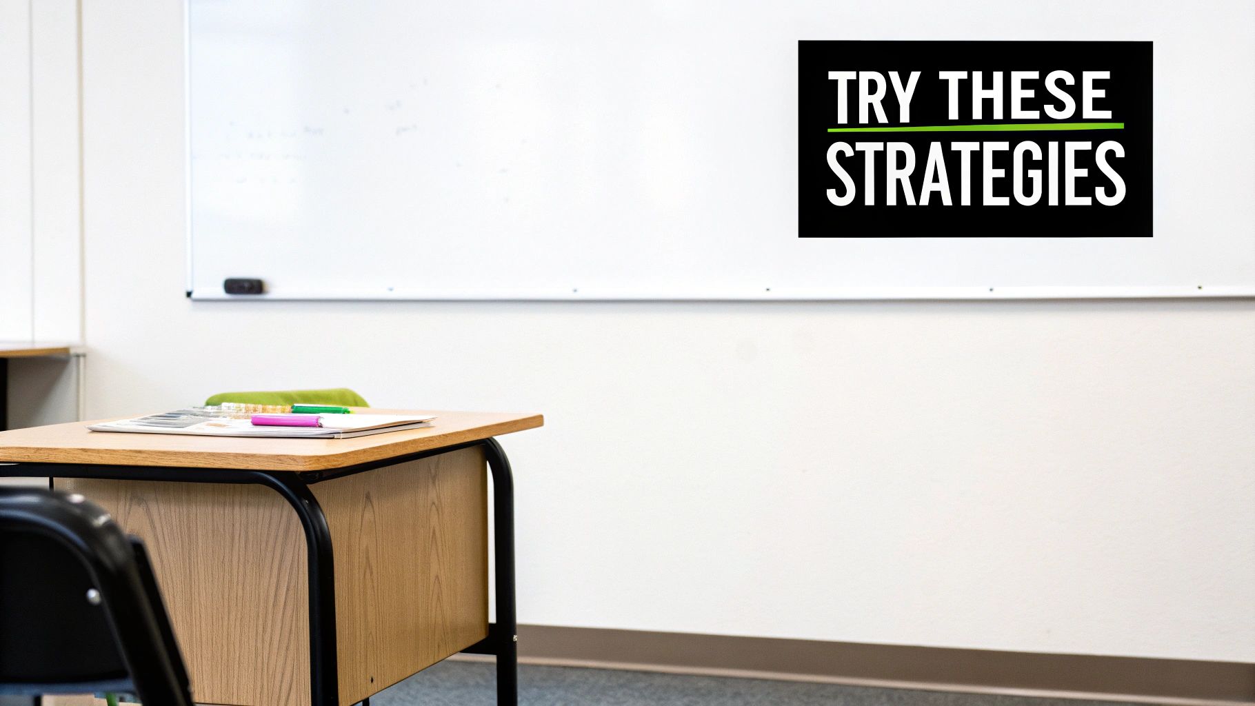 Classroom poster displaying try these strategies message on white wall above student desk