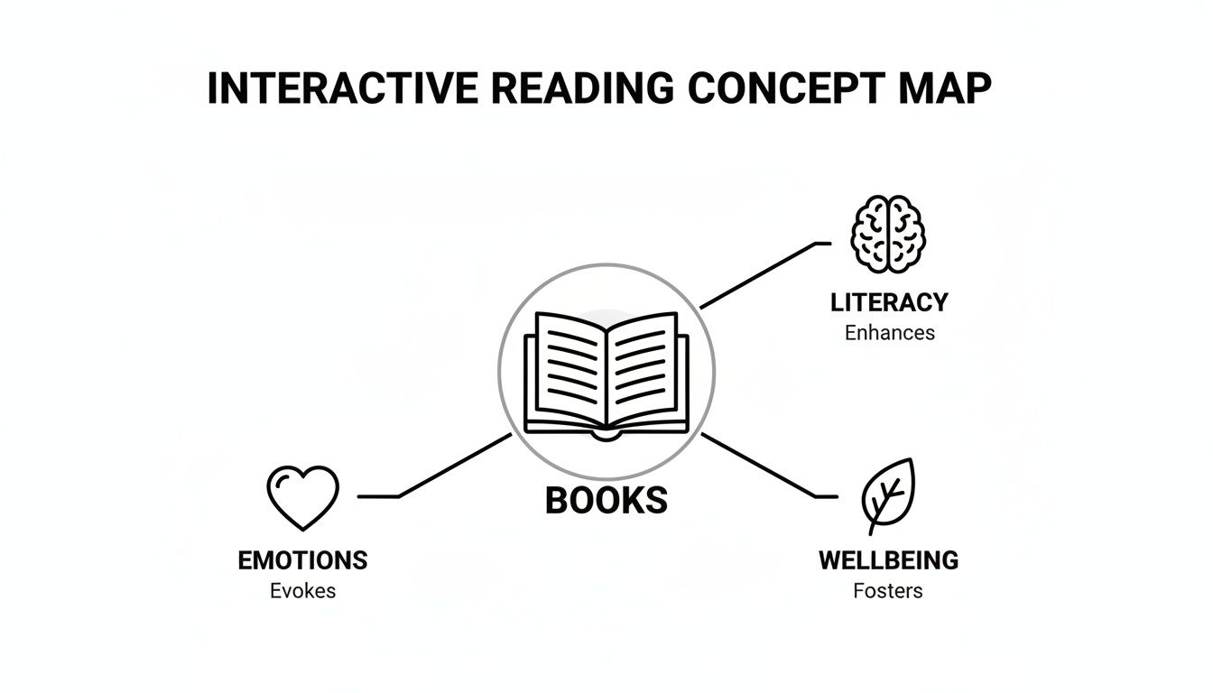 A concept map showing how books enhance literacy, evoke emotions, and foster wellbeing.