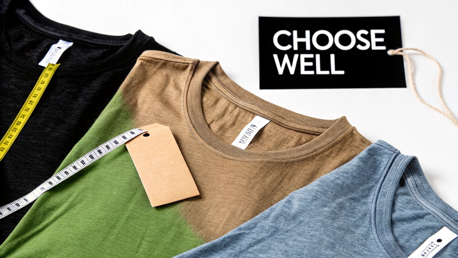 Four colorful t-shirts, a measuring tape, and a 'CHOOSE WELL' sign on a white background.