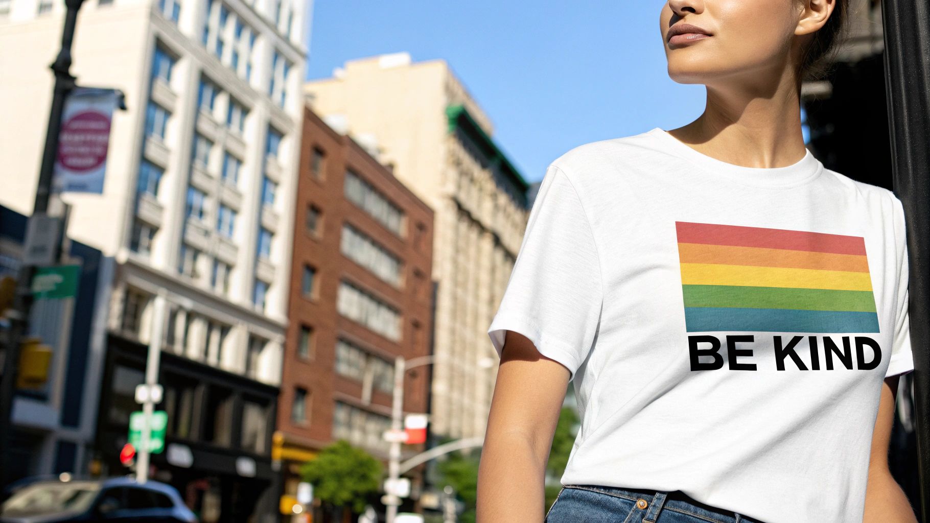 A diverse group of young people wearing clothing with positive messages, smiling and interacting.
