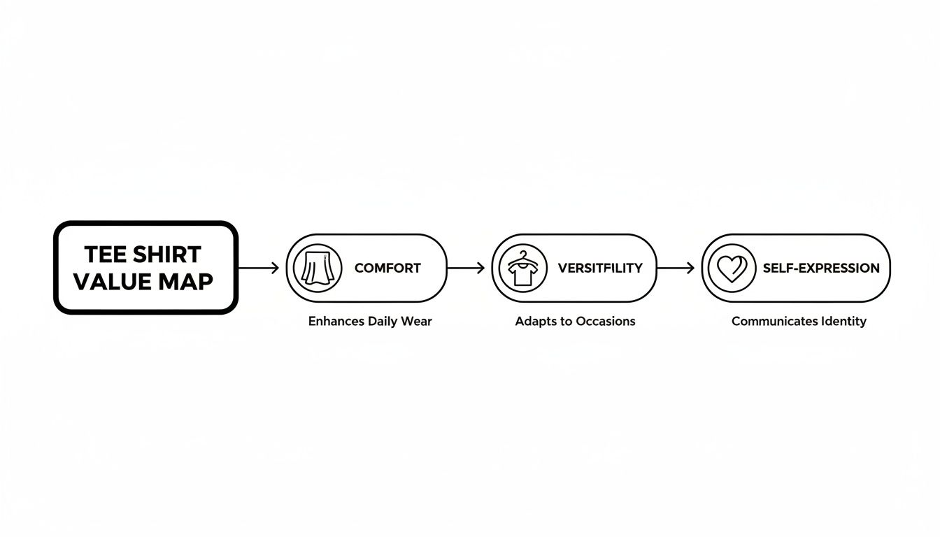 A tee shirt value map diagram showing comfort, versatility, and self-expression as key benefits.