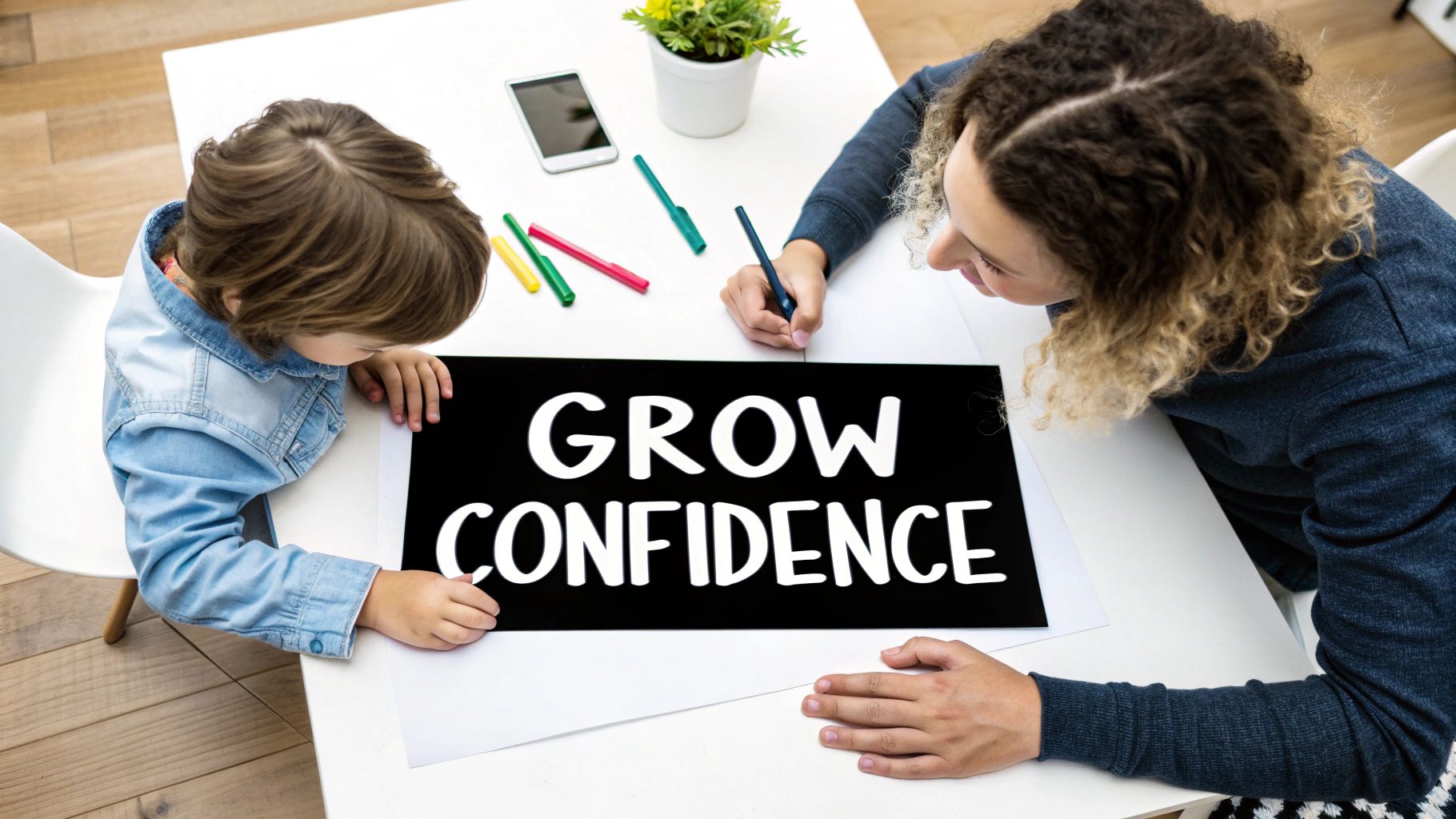 An adult and child at a table looking at a 'GROW CONFIDENCE' sign together.