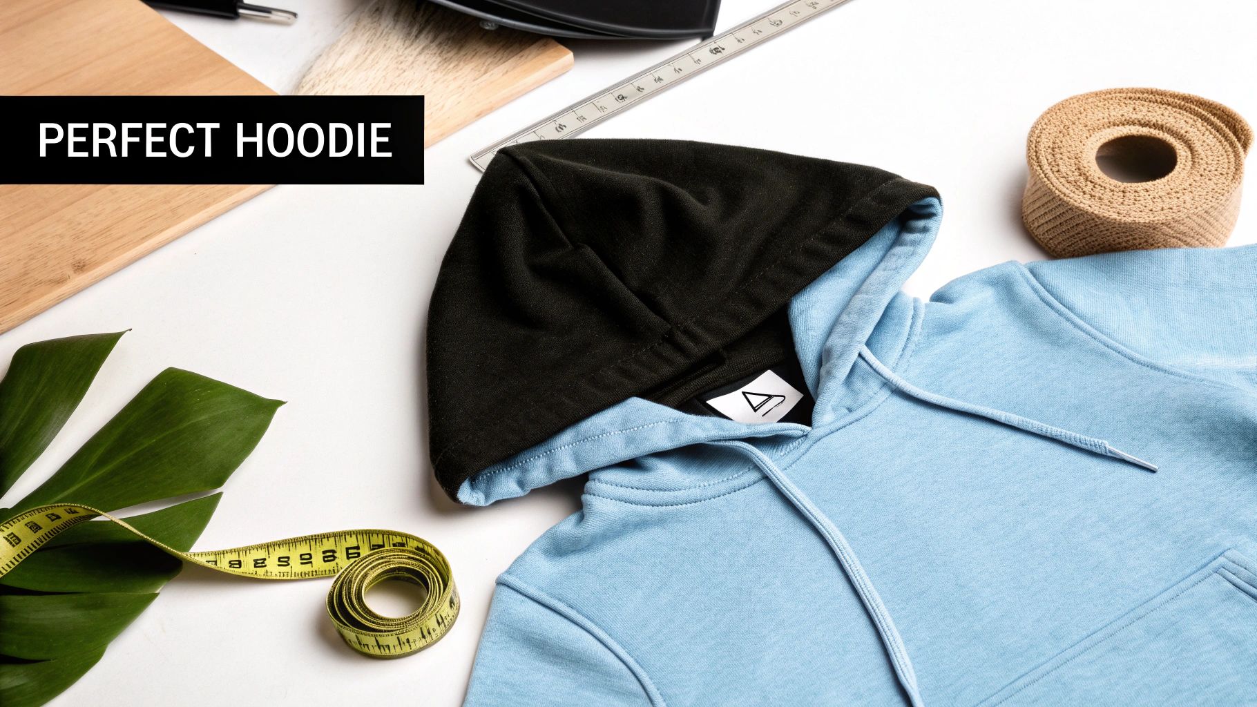 A light blue hoodie with a dark hood, laid flat on a white surface with measuring tools and leaves.