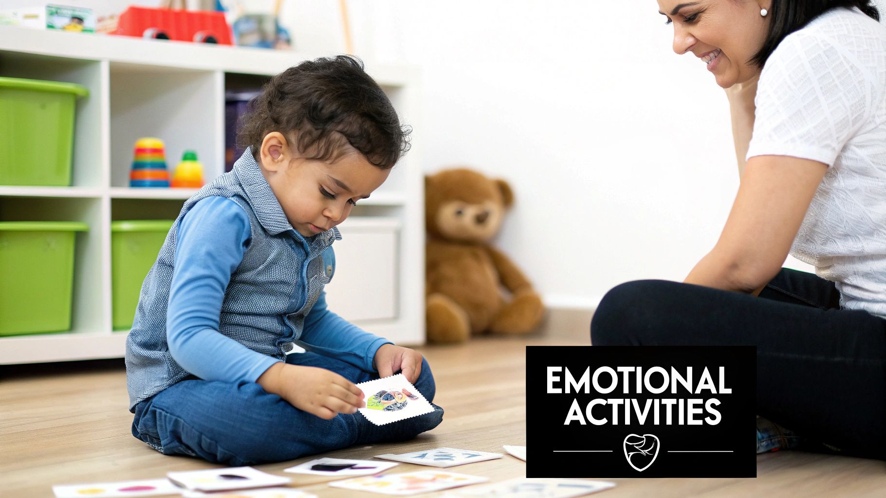 A happy adult watches a child on the floor engaged with emotional learning activity cards.
