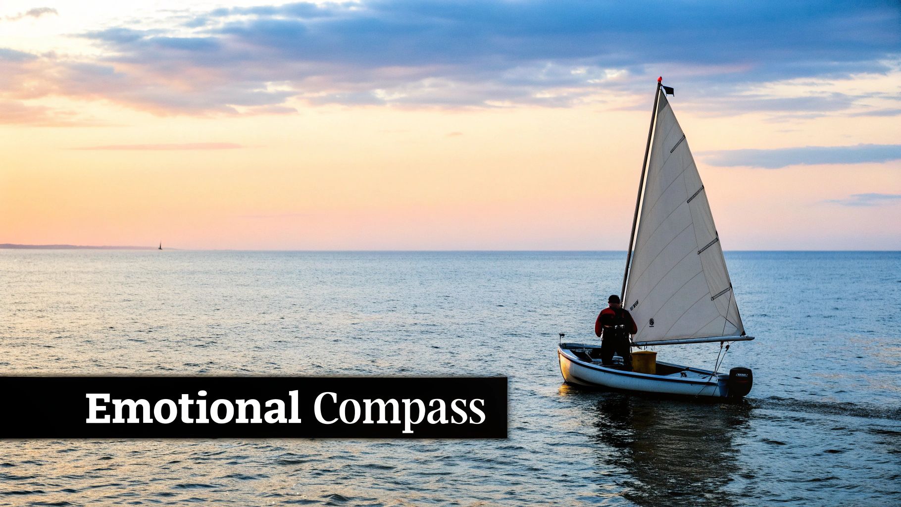 A sailboat with a person on a calm ocean at sunset, displaying 'Emotional Compass' text.