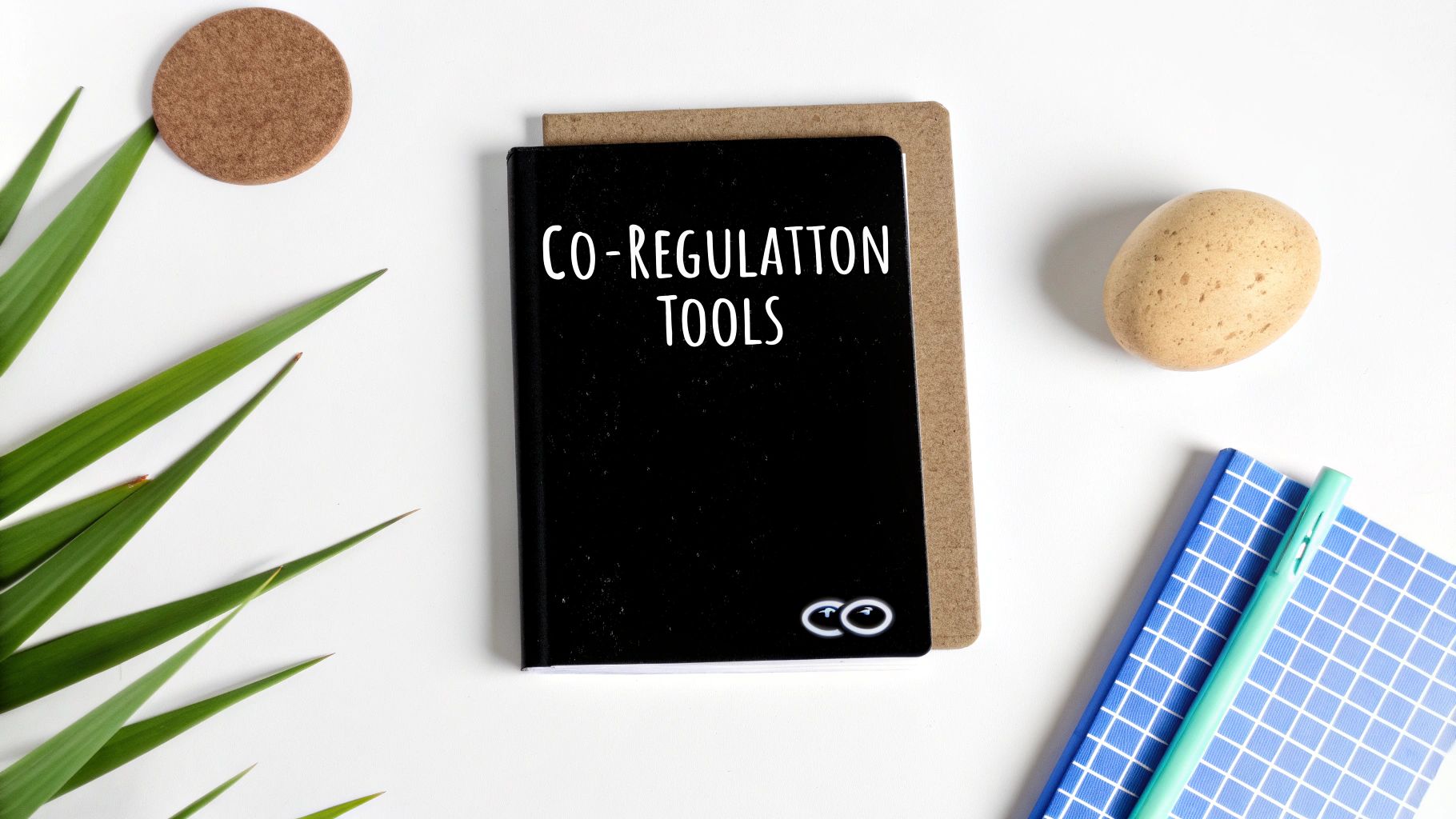 Overhead shot of a black notebook titled 'CO-REGULATION TOOLS' surrounded by office supplies and plants.