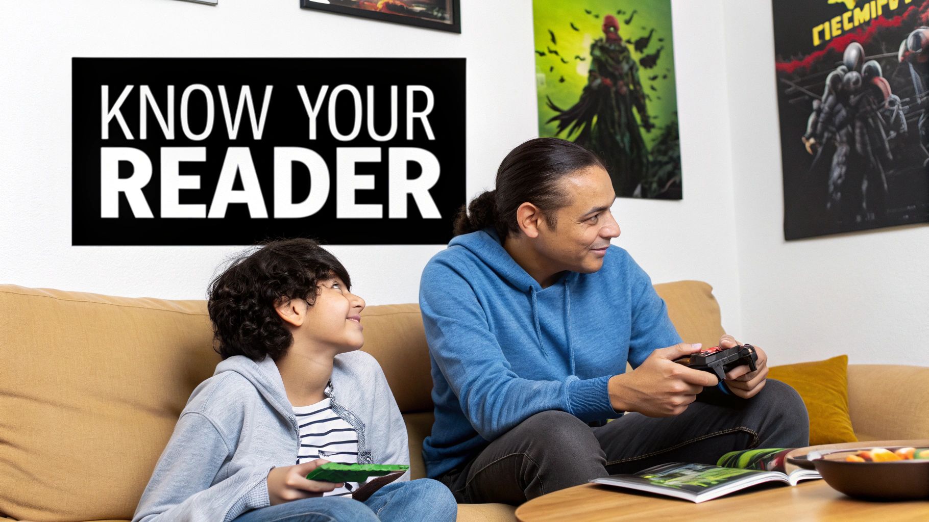 A man and a boy sit on a couch, the man playing video games while the boy watches, smiling.