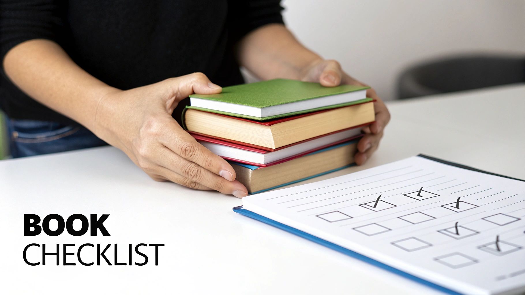 Close-up of hands holding a stack of colorful books next to a book checklist on a white table.