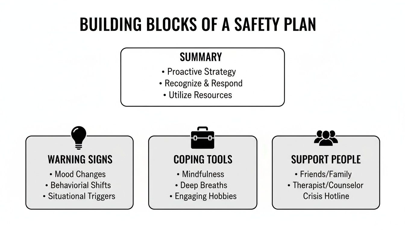 Infographic detailing the building blocks of a safety plan, including warning signs, coping tools, and support.