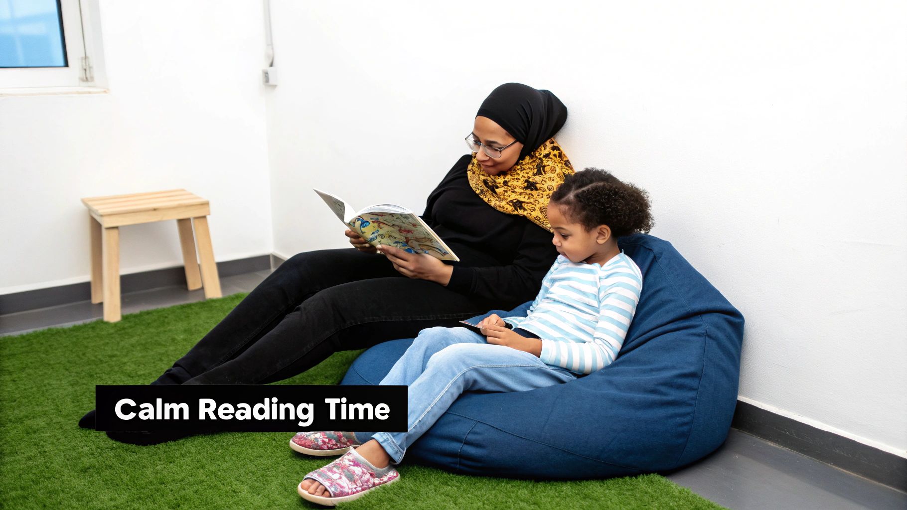 A woman in a hijab reads a book to a young girl on a blue beanbag.