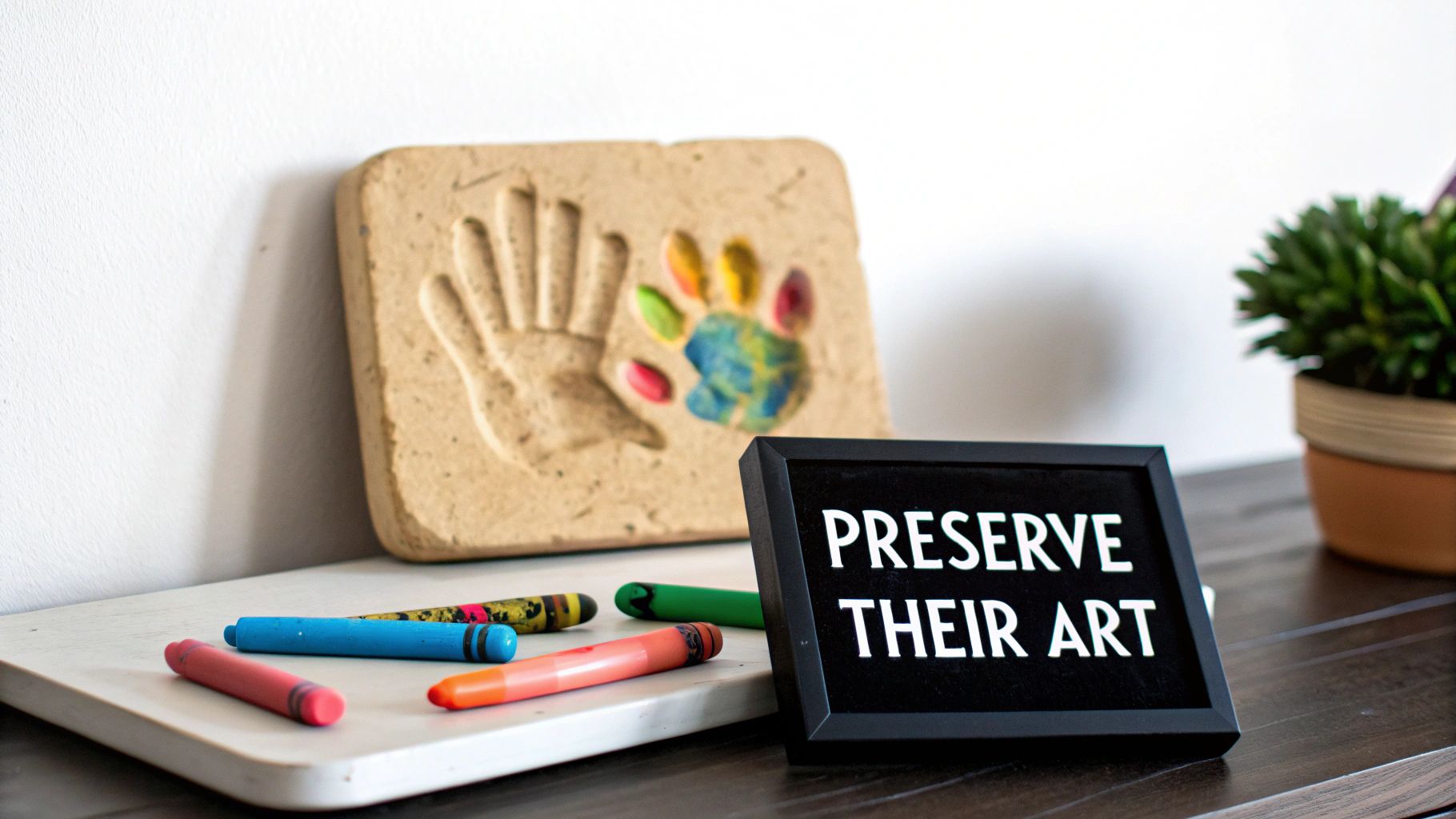 A clay handprint craft with colorful paint, crayons, and a sign saying 'PRESERVE THEIR ART'.