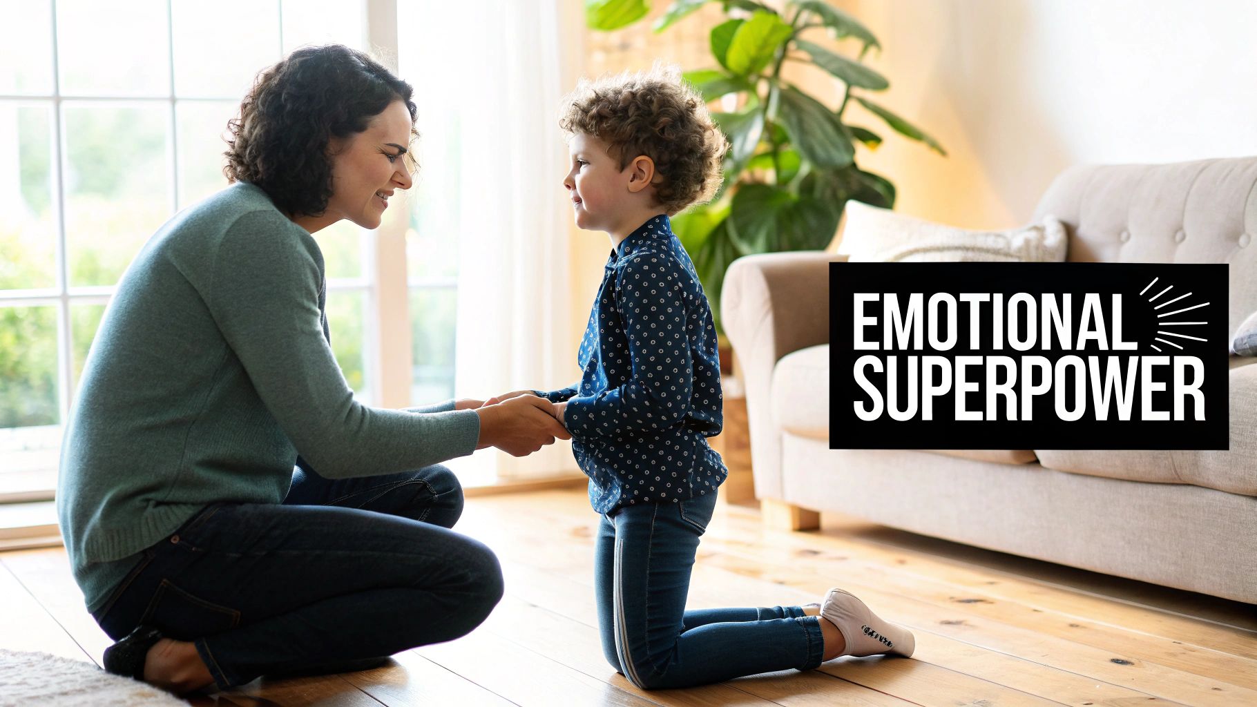 A mother kneels to talk with her young son, holding his hands, with text 'Emotional Superpower'.