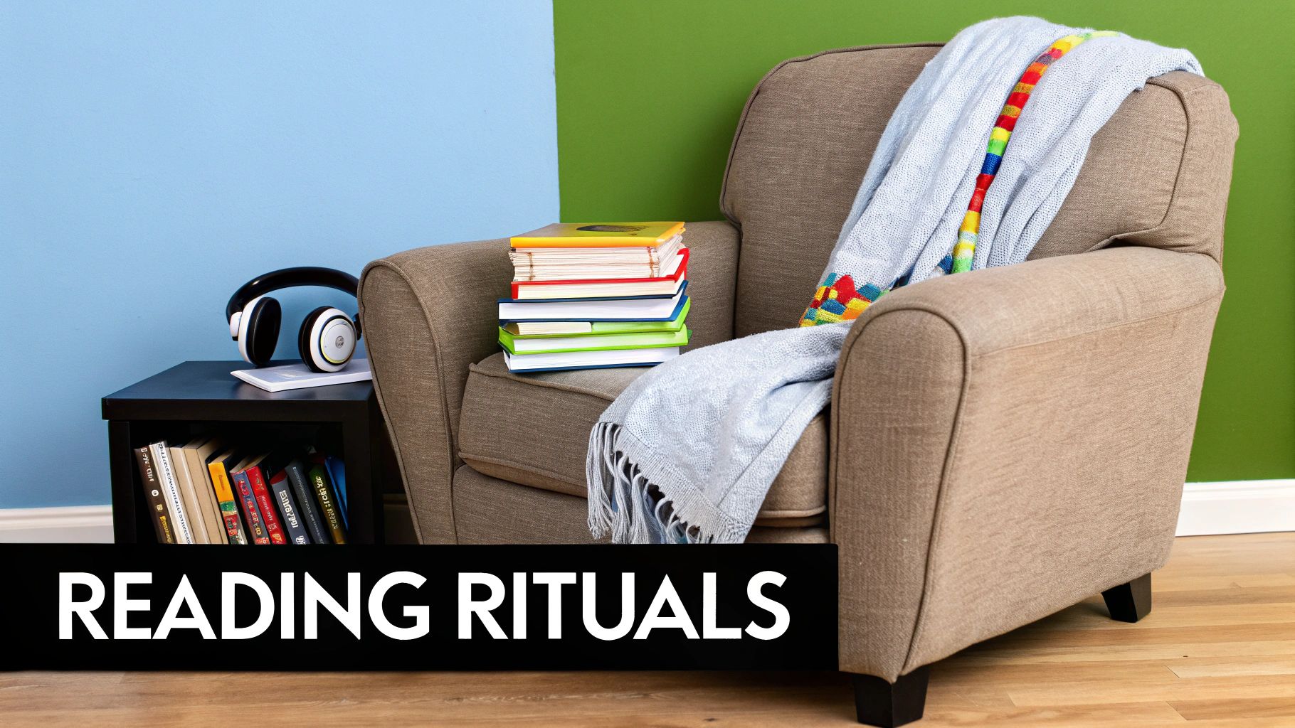 A child happily reading a book in a comfortable, well-lit room