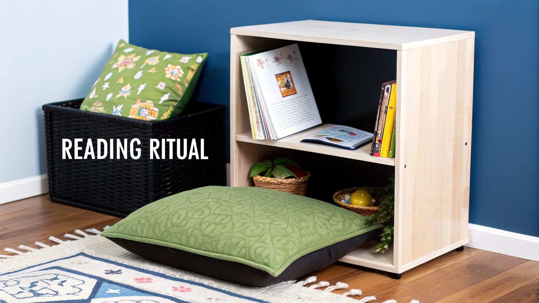 A cozy reading nook with a bookshelf, pillows, and a wicker basket on a wooden floor.