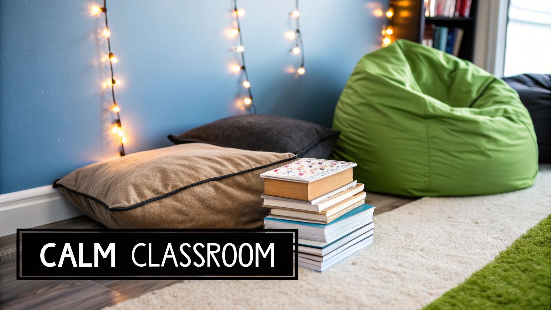 A child sitting in a colourful, cosy classroom corner with books and soft toys.