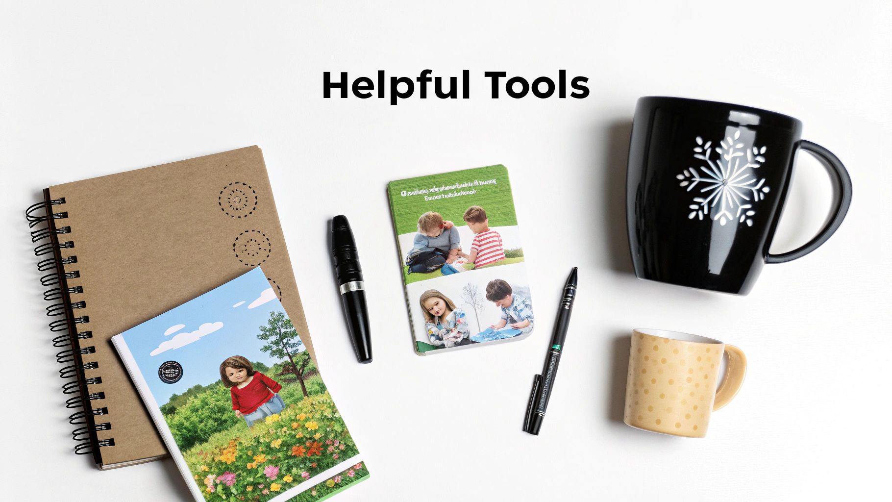 A flat lay of helpful tools, including notebooks, pens, mugs, and a booklet, on a white background.