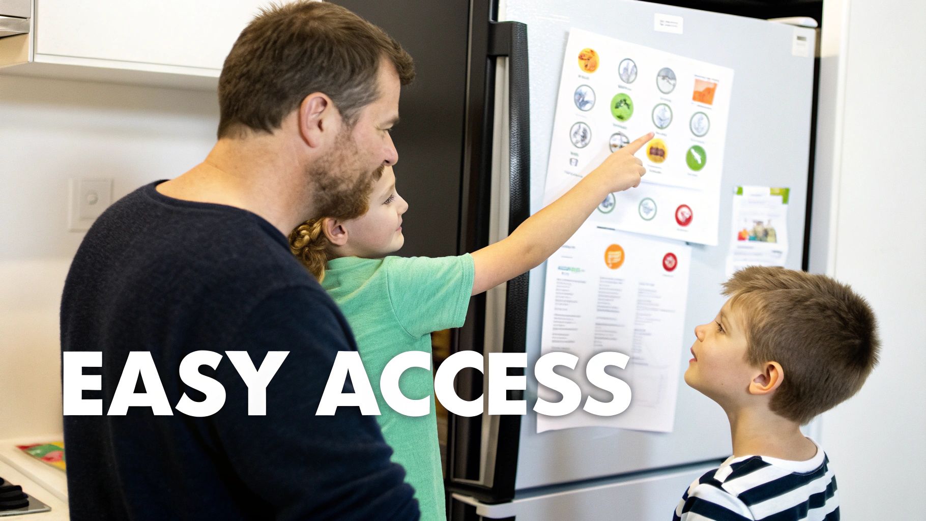 A father and two children look at a visual daily schedule chart on a refrigerator, promoting easy access for routines.