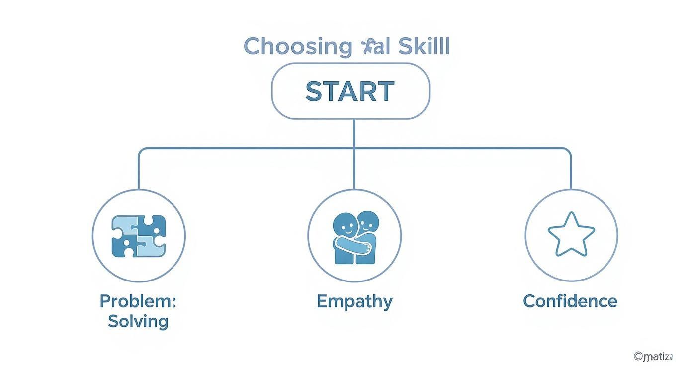 A flowchart diagram titled 'Choosing Social Skill' branching from START to Problem Solving, Empathy, and Confidence.