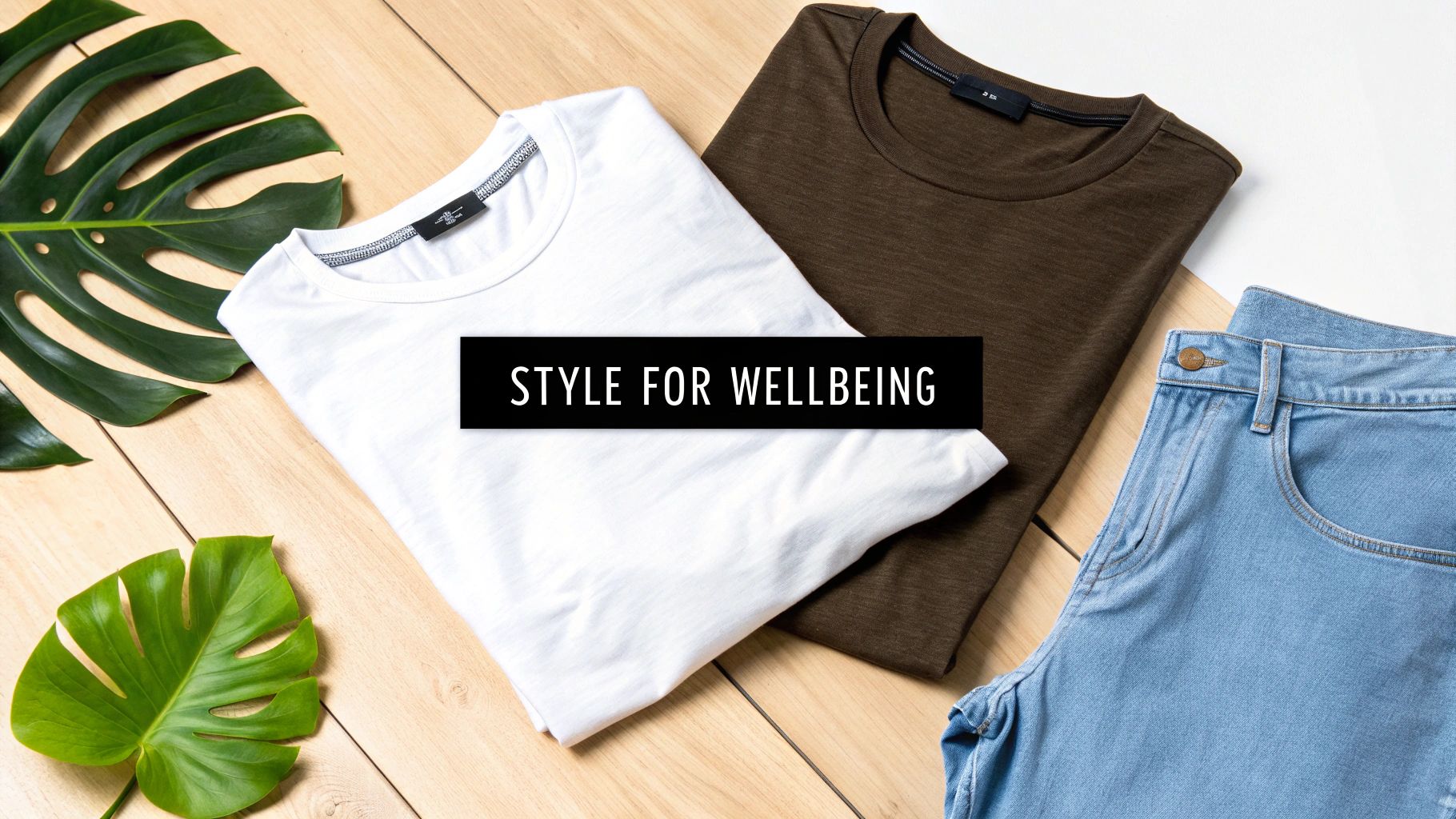 Flat lay of men's casual outfit: white and brown t-shirts, light blue jeans, with tropical leaves on wood, text 'STYLE FOR WELLBEING'.