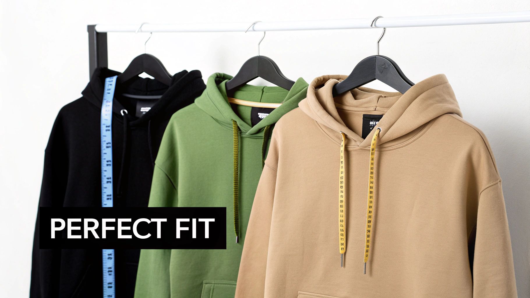 Three organic cotton hoodies in black, green, and beige, featuring measuring tapes for a perfect fit.