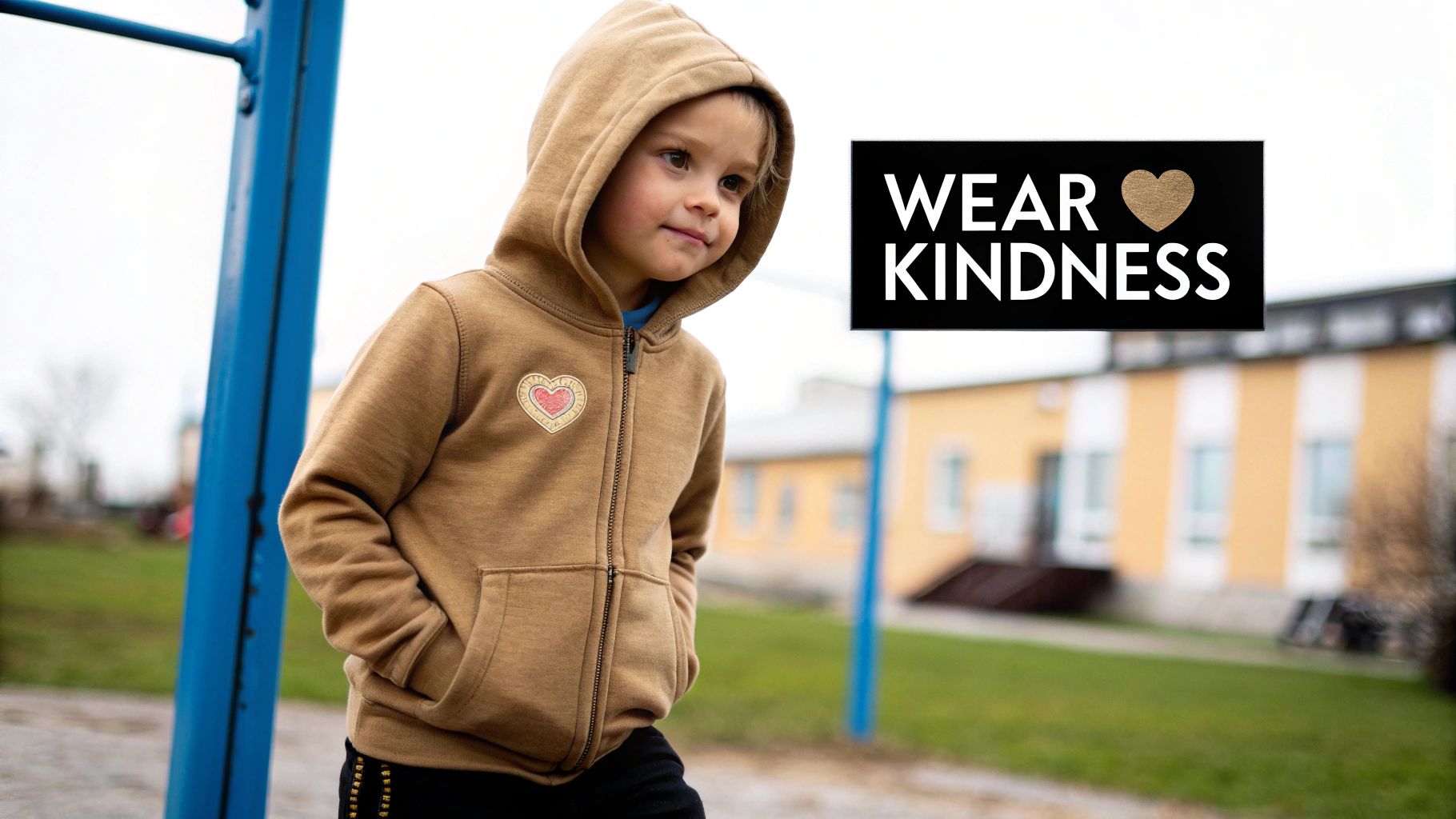 A young child wearing a brown hooded sweatshirt with a heart patch and a 'WEAR KINDNESS' sign.