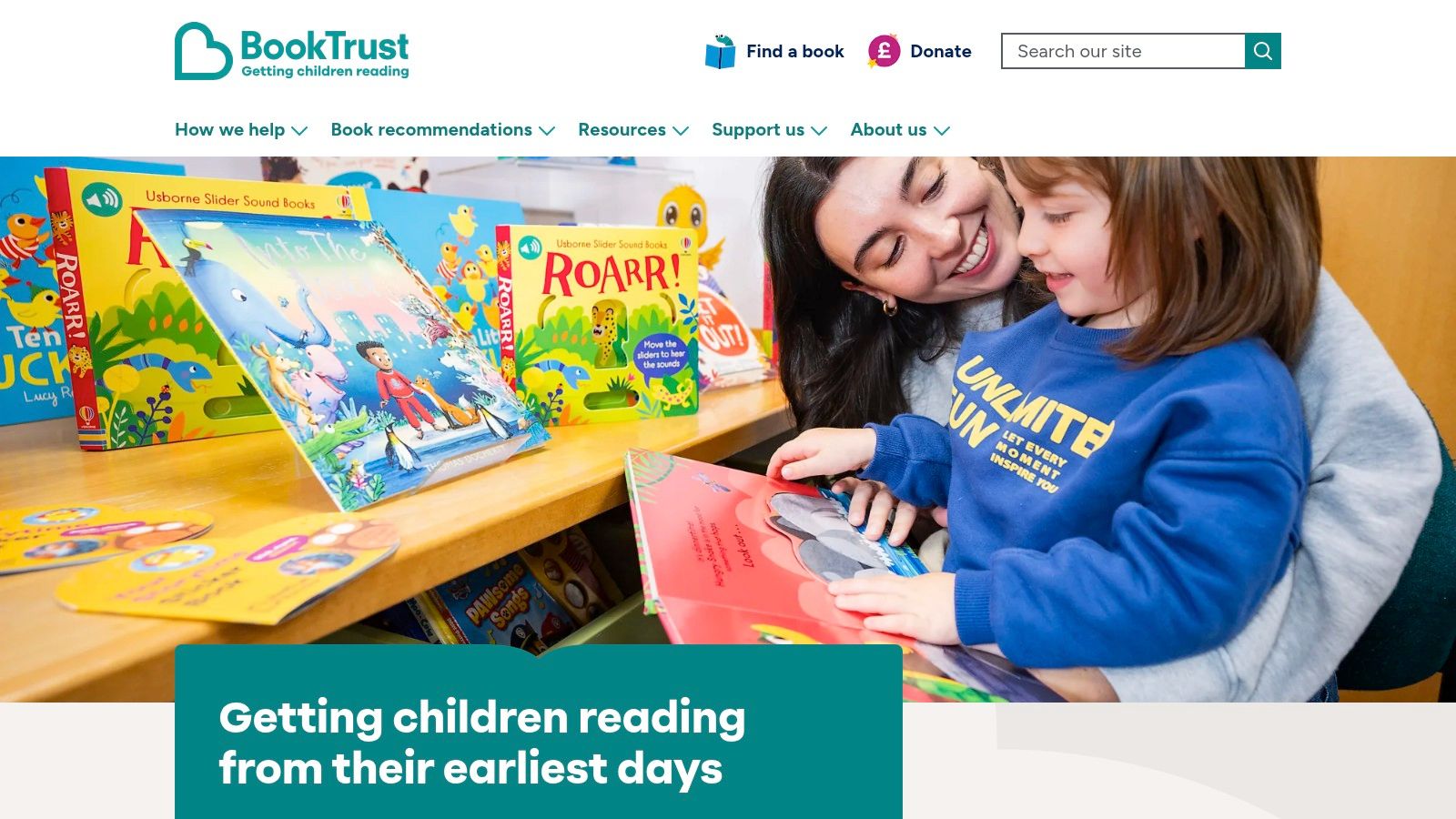 The BookTrust website homepage featuring its "Bookfinder" tool and various curated book lists.
